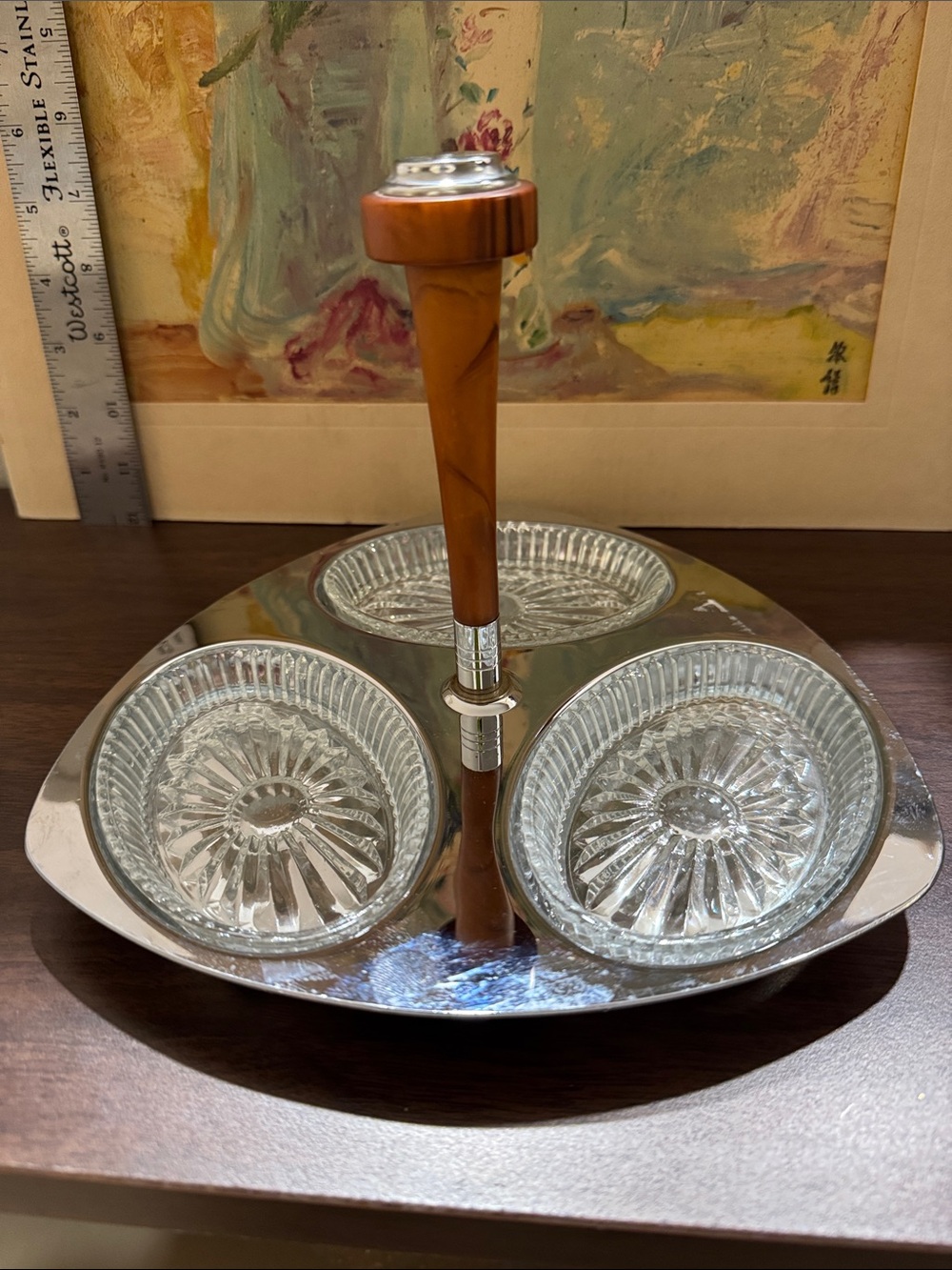Vintage Glo-Hill Canada "Gourmates" 3-Section Relish Tray | MCM Chrome & Glass